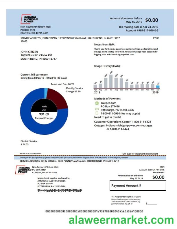 USA Indiana electricity utility bill template in Word and PDF format (.doc and .pdf)
